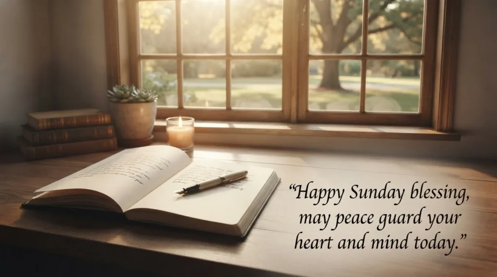 Sunday prayer blessing quote over a devotional journal and candle scene