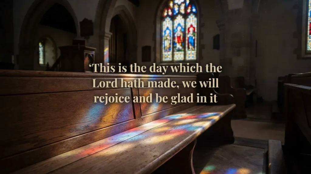 Sunday scripture blessing over a stained glass church pew