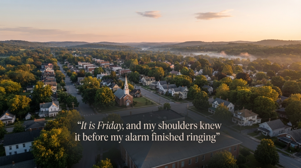 Thankful good morning Friday blessings for a joyful start over a sunrise town skyline