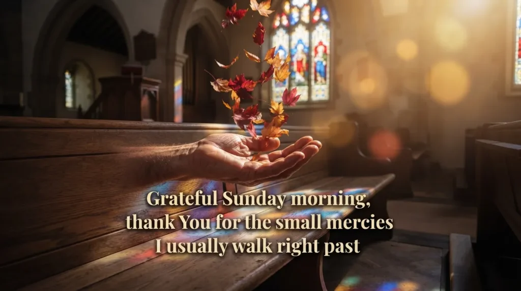 Thankful Sunday gratitude blessing with hand catching autumn leaves