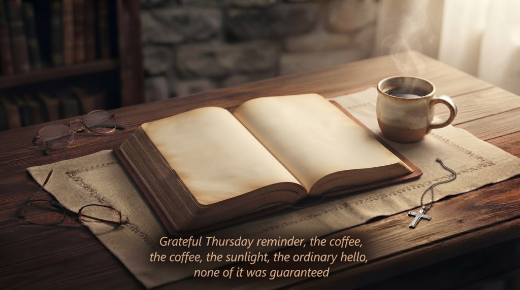 Thankful Thursday motivational quote over a warm coffee and journal scene