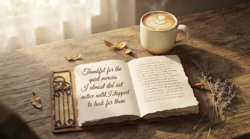 Thankful Thursday spiritual blessing quote over a warm coffee and journal scene