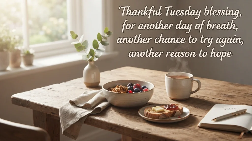 Thankful Tuesday blessing quote over a warm table setting