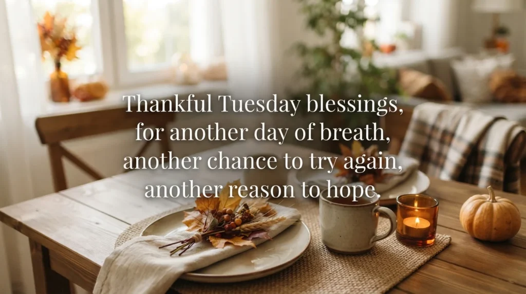 Thankful Tuesday blessing quote over a warm autumn table scene