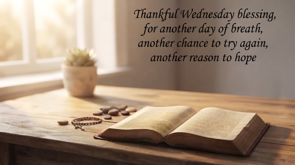 Thankful Wednesday blessing quote over a warm table setting