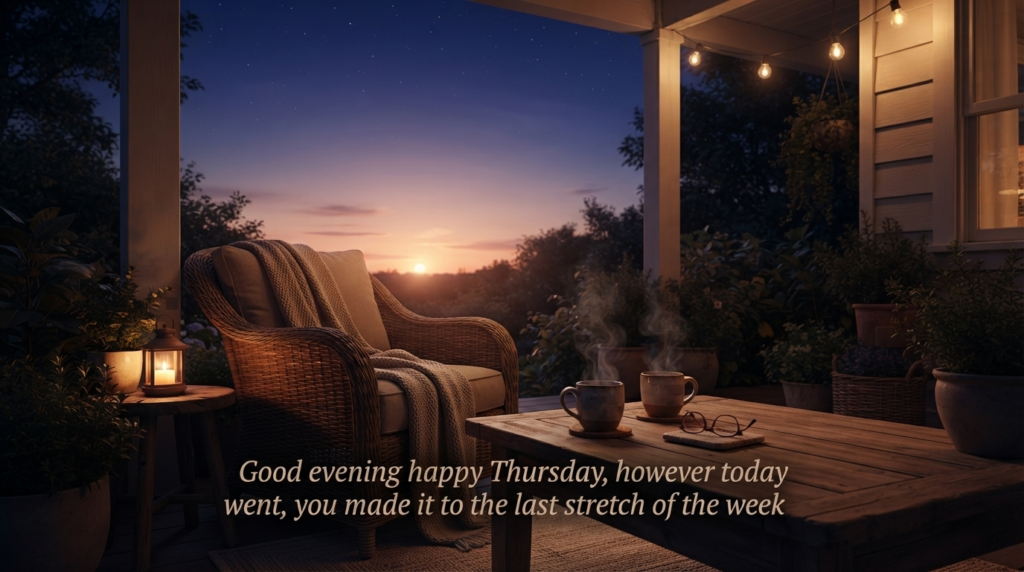 Thursday evening and night motivational quote over a golden hour porch scene