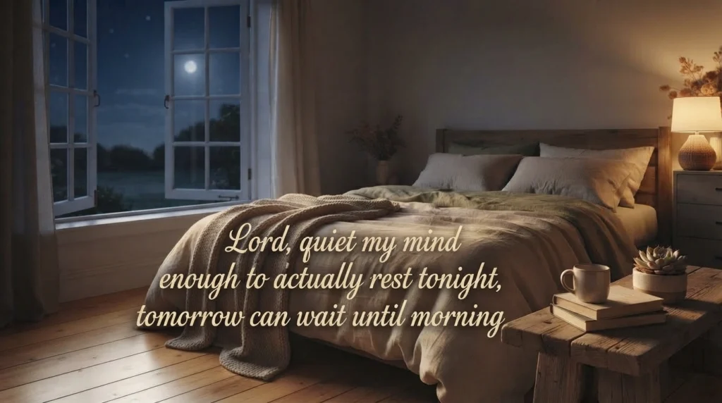 Thursday night spiritual blessing prayer quote over a calm bedroom scene