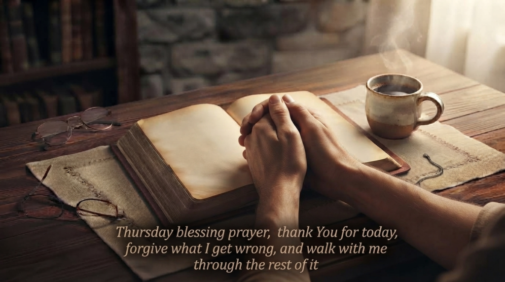 Thursday prayer and blessing quote over a folded hands and journal scene