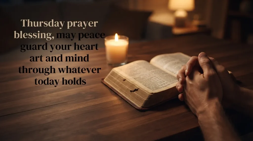 Thursday prayer blessing quote over an open bible and candle scene