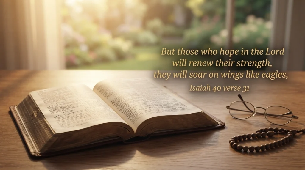 Thursday scripture blessing quote from Isaiah 40 verse 31 over an open Bible scene