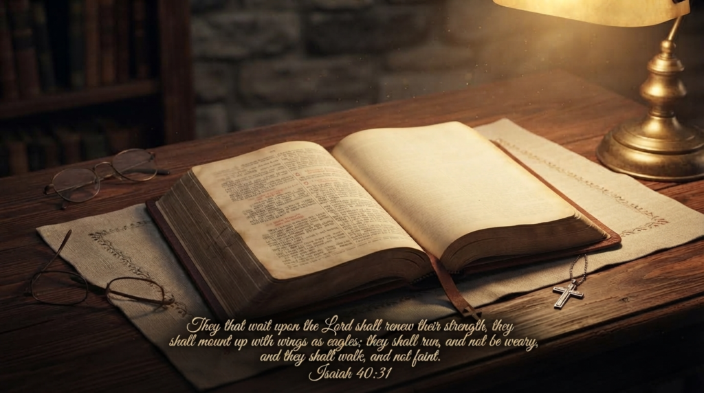 Thursday spiritual quote from Isaiah 40 verse 31 over an open Bible scene