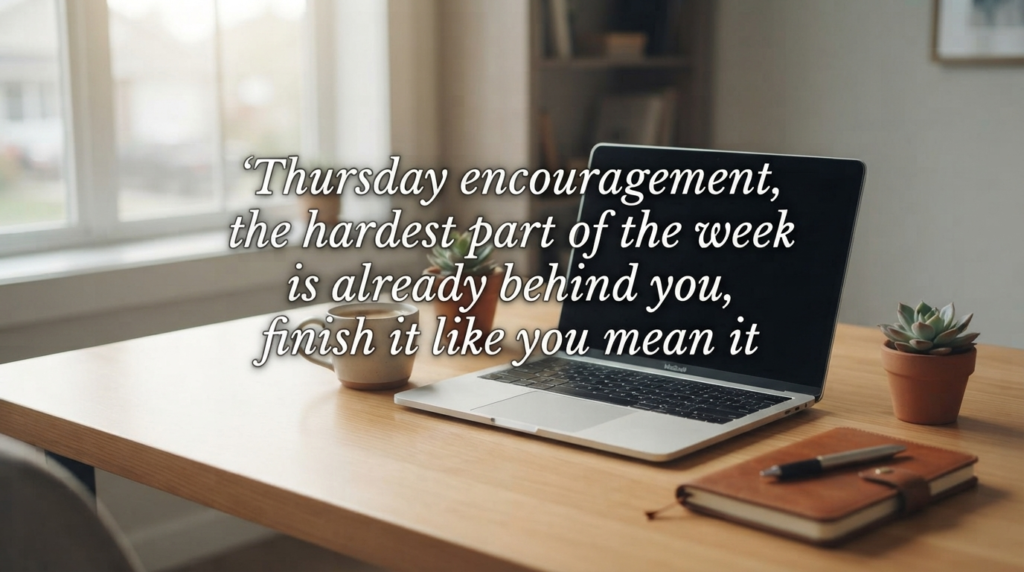 Thursday work motivational quote over a calm office desk scene