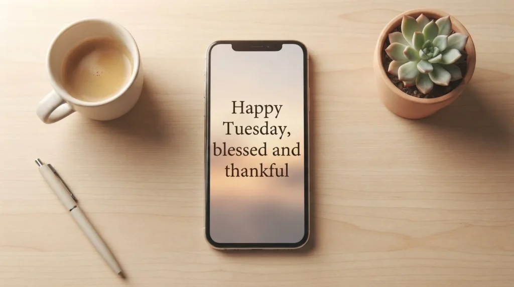 Tuesday blessing images ready to save and share, phone screen with coffee and plant