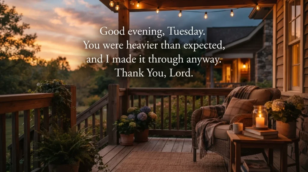 Peaceful Tuesday evening blessing quote over a golden-hour sky