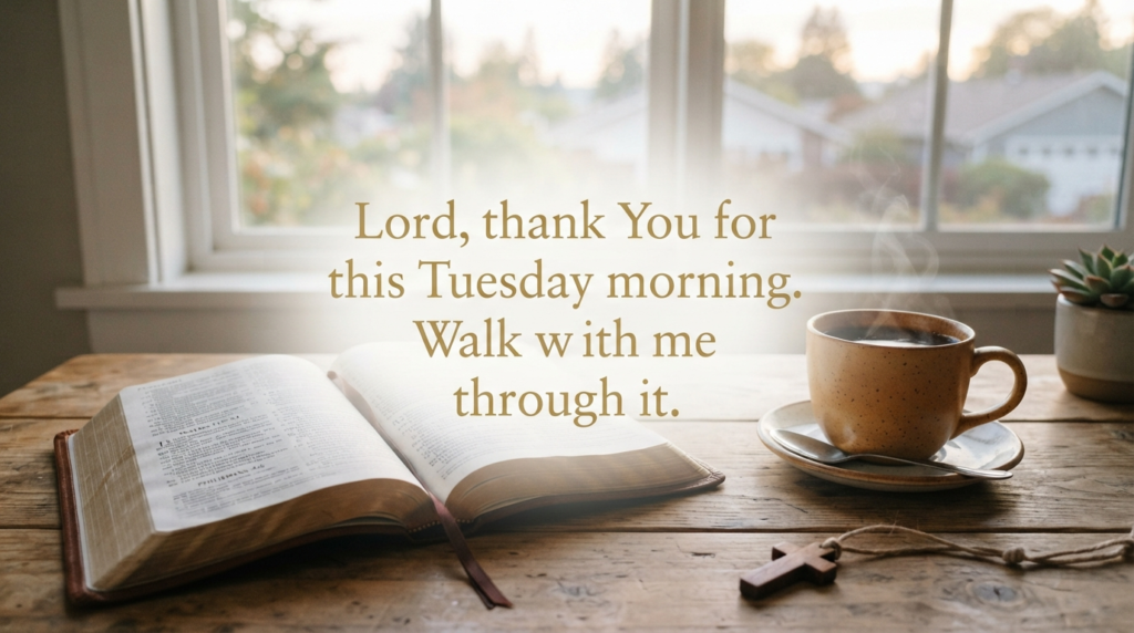 "Tuesday morning prayer quote with Bible and coffee"