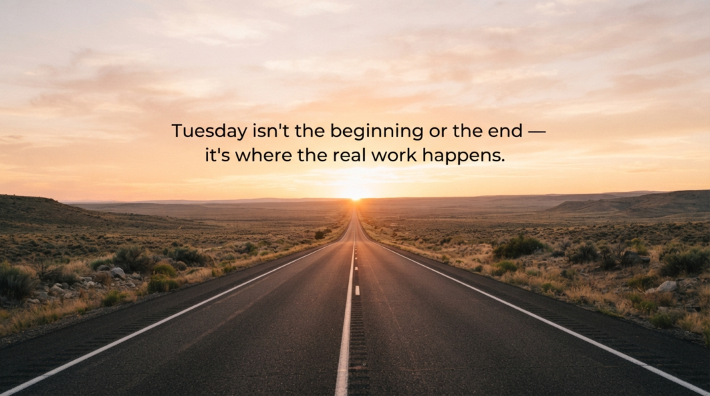 "Tuesday motivational quote over sunrise road"