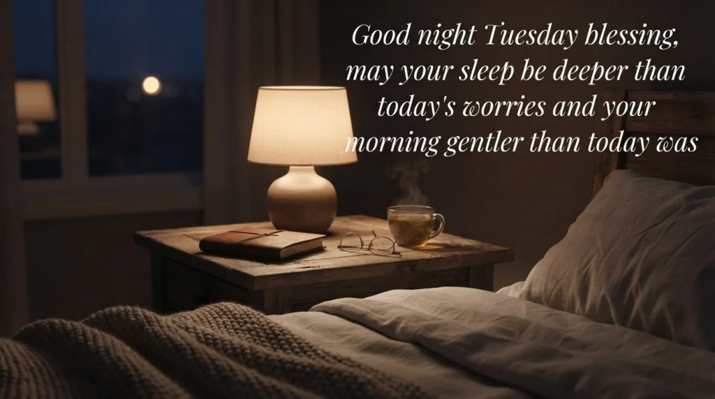 Tuesday night blessing quote over a calm bedroom scene