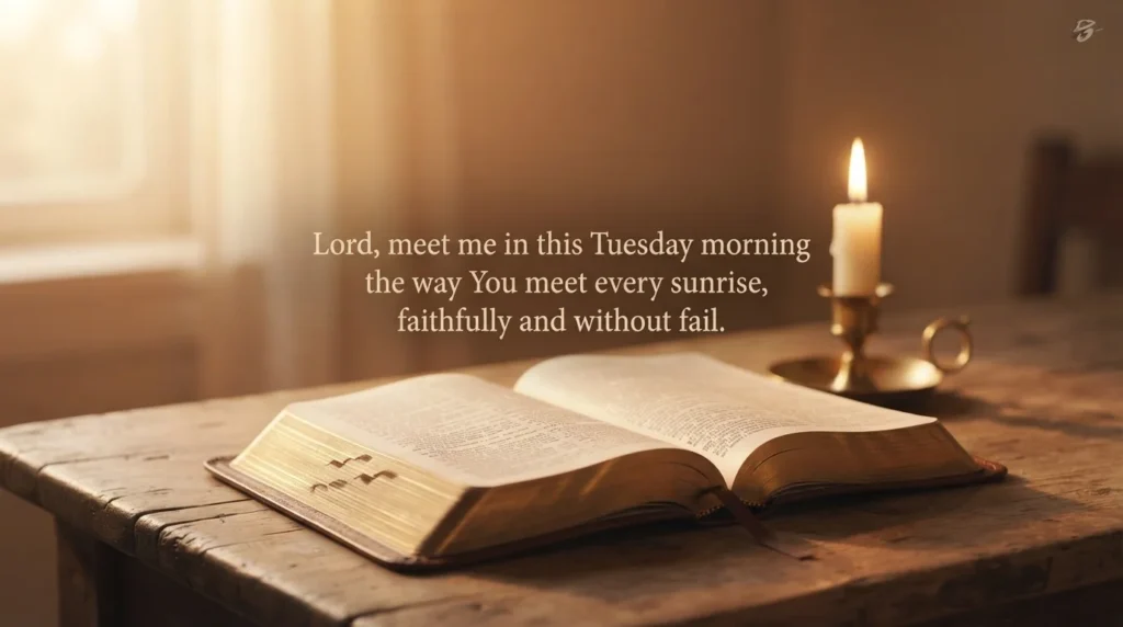 Tuesday prayer and scripture blessing quote over an open Bible beside a lit candle