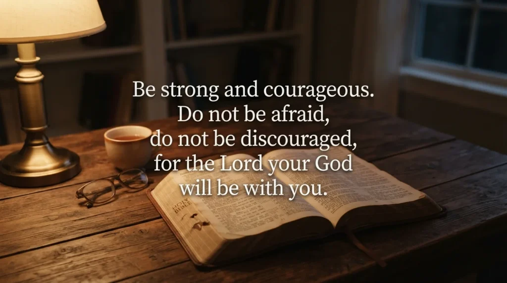 Tuesday scripture blessing quote from Joshua 1:9 over an open Bible