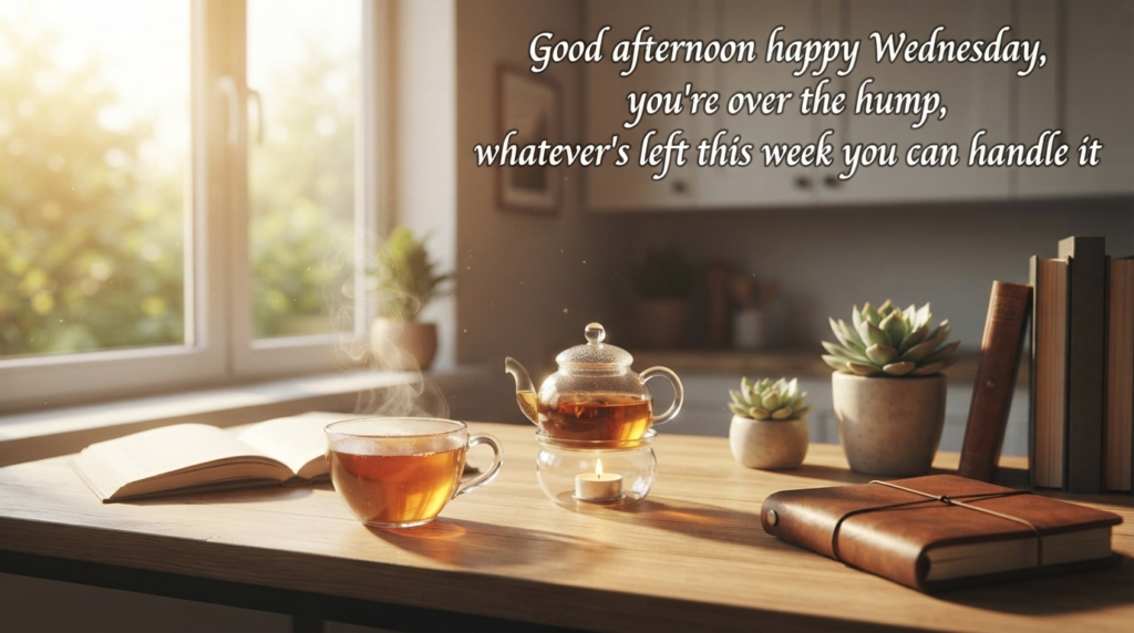 Wednesday afternoon blessing quote with a calm midday window scene
