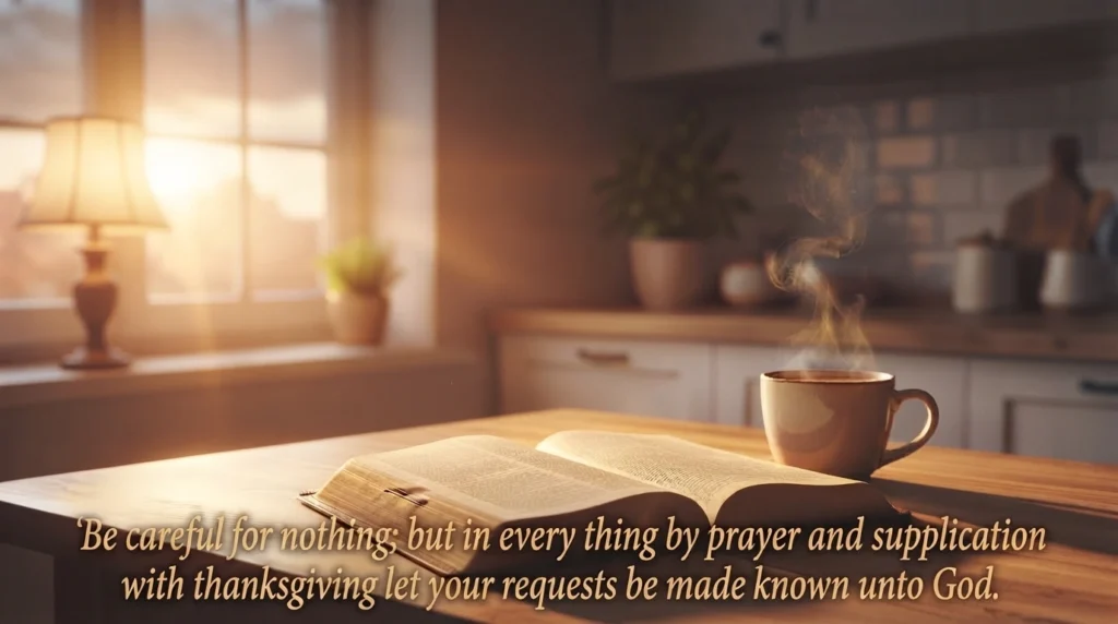 Wednesday blessings KJV Bible verse quote from Philippians 4 verse 6 to 7 over an open Bible