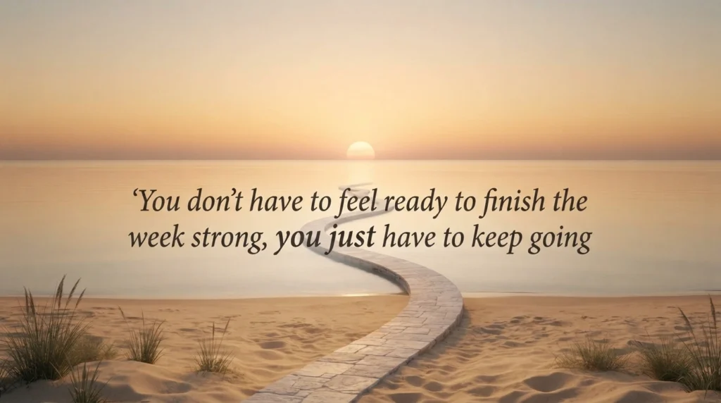 Encouraging Wednesday quote over a sunset path scene