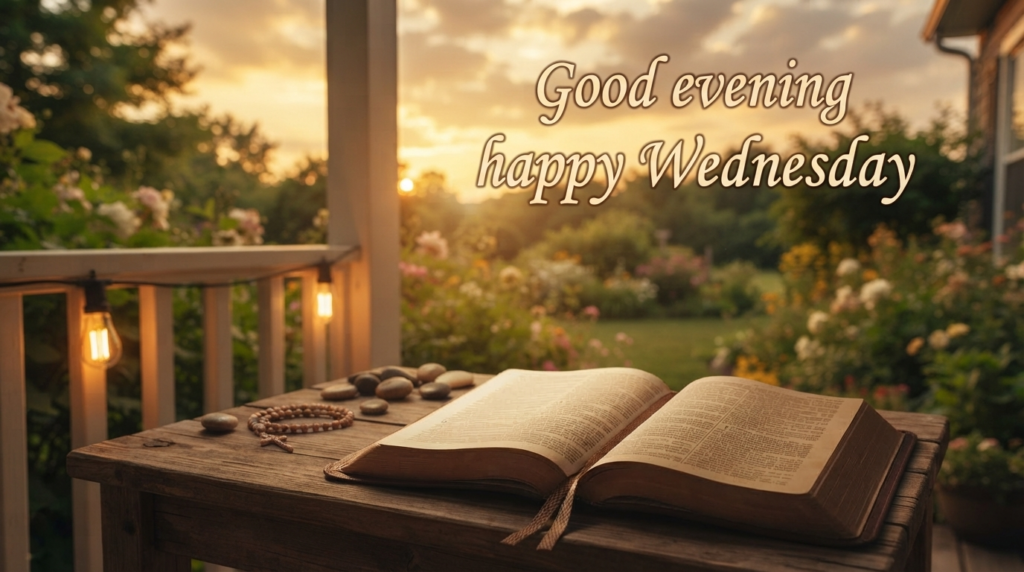 Wednesday evening blessing quote over a golden hour sky