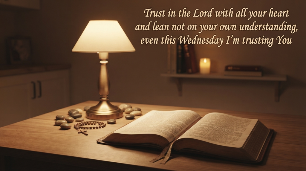 Wednesday prayer blessing quote from Proverbs 3 verse 5 to 6 over an open Bible scene