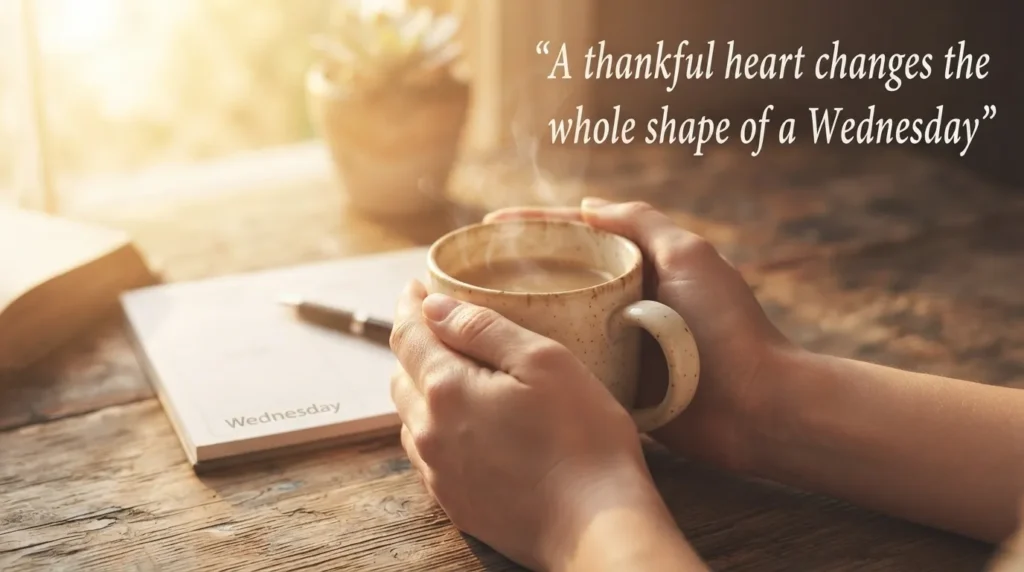 Hands holding a warm coffee cup symbolizing the meaning of thankful Wednesday