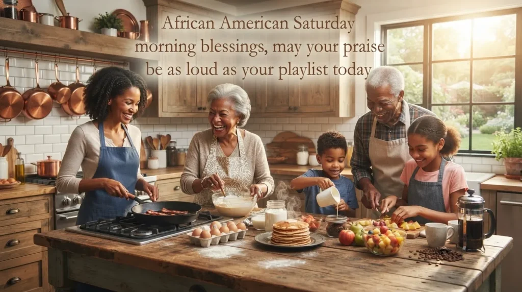 African American Saturday morning blessing quote over a family breakfast scene