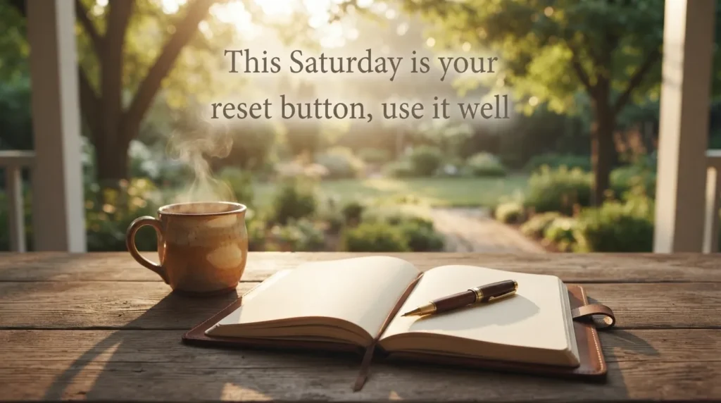 Motivational Saturday blessing quote over a porch table and notebook scene