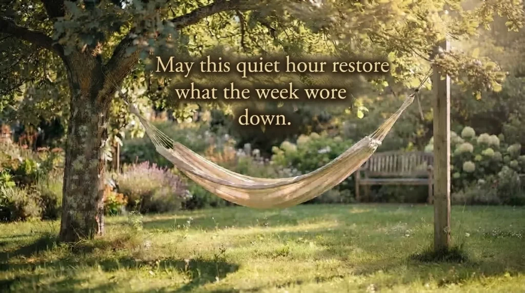 Peaceful saturday afternoon blessings quote over a calm backyard hammock