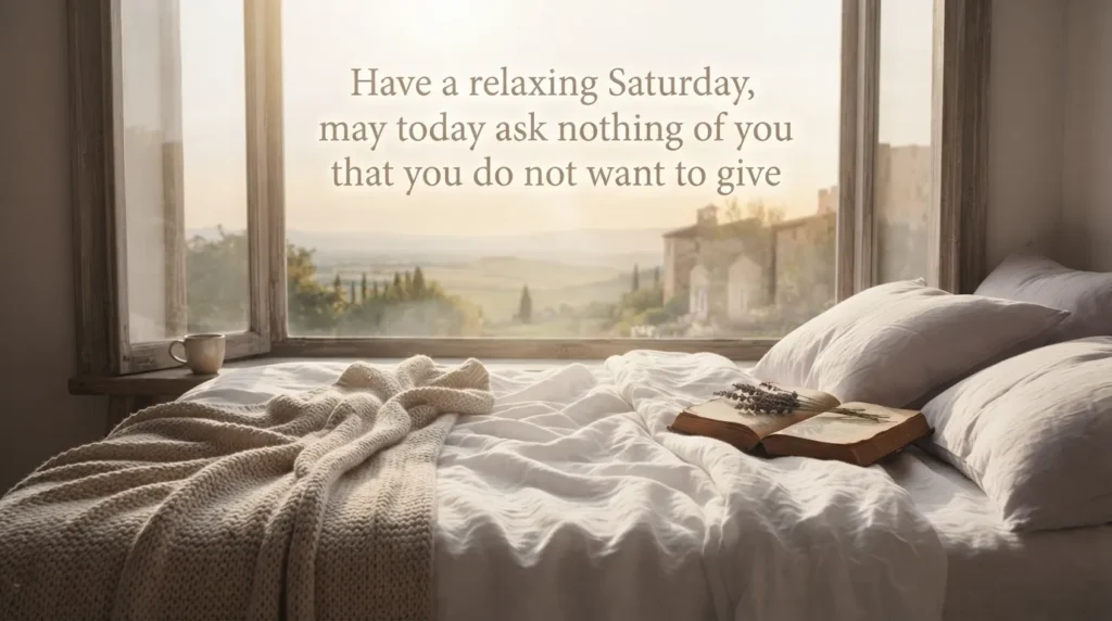 Peaceful Saturday morning blessing quote over a quiet bedroom scene
