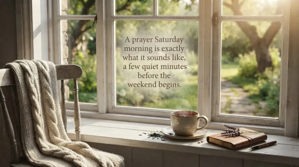 Prayer Saturday morning quote over a sunlit kitchen window with coffee