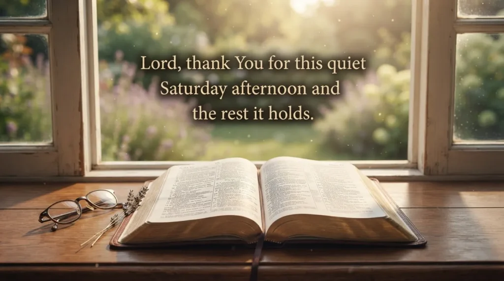 Saturday afternoon prayer and scripture blessing setting with open Bible