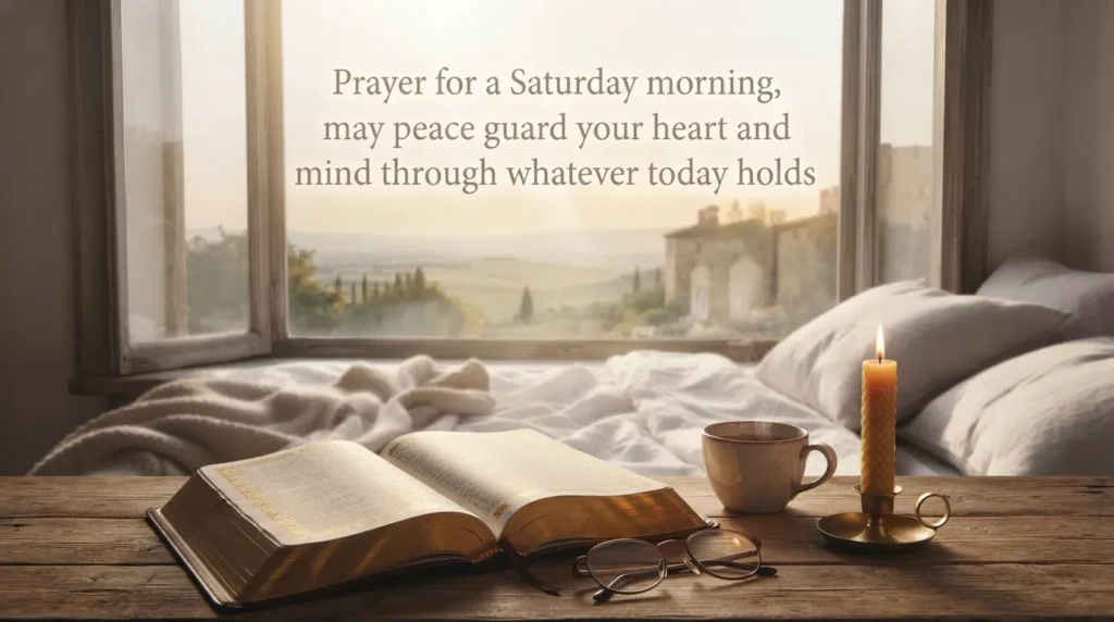Saturday morning prayer quote over an open bible and candle scene
